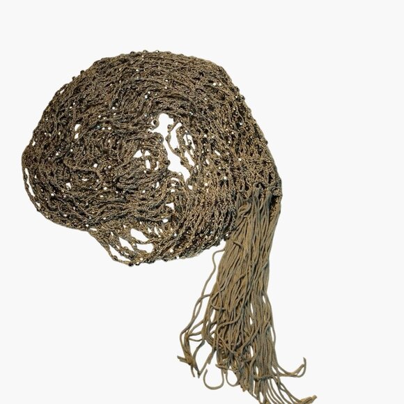 Silver Beaded Crochet Scarf Tie Fringe Rhinestones 82 Inch Long Elegant Runway - Picture 3 of 7